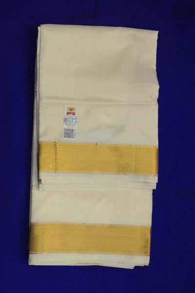 Pure silk Dhoti /Panche of 4 m  and Angavastram/Shelya of 2m in off white  with 2 inch gold border