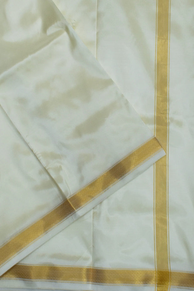 Silk Dhoti /Panche  and Angavastram/Shalye  in off white  with 1 inch gold border