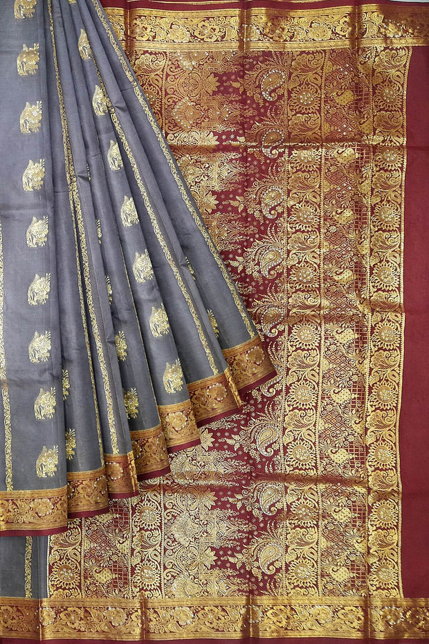 Kora silk saree in grey with  floral motifs in gold