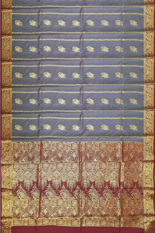 Kora silk saree in grey with  floral motifs in gold