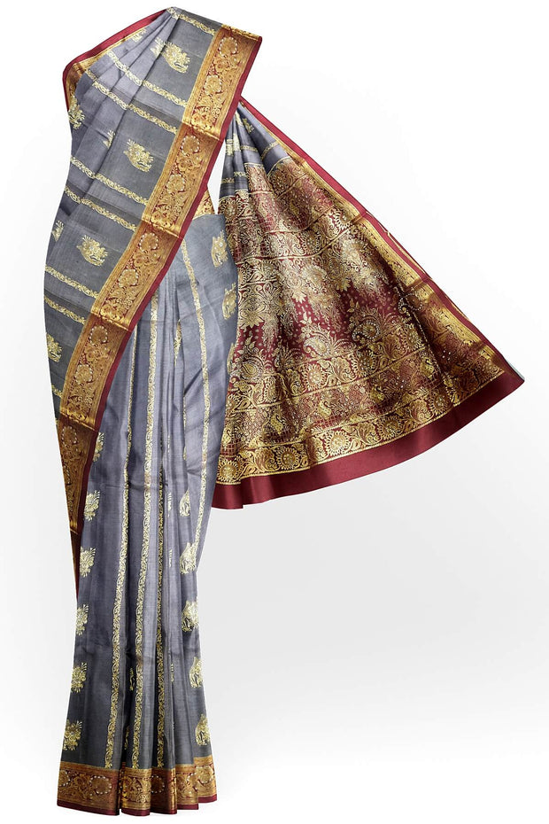 Kora silk saree in grey with  floral motifs in gold