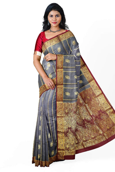 Kora silk saree in grey with  floral motifs in gold