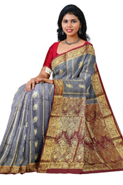 Kora silk saree in grey with  floral motifs in gold
