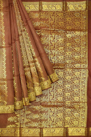 Kora silk saree in coffee brown with  floral motifs in gold