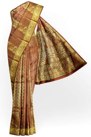 Kora silk saree in coffee brown with  floral motifs in gold