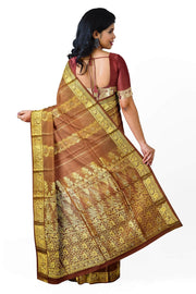 Kora silk saree in coffee brown with  floral motifs in gold