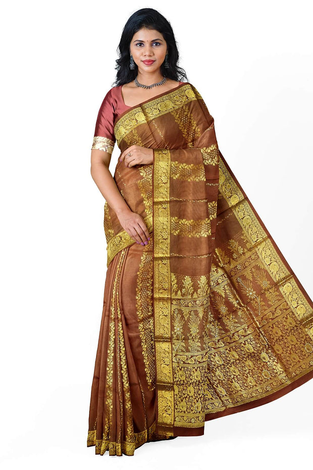 Kora silk saree in coffee brown with  floral motifs in gold