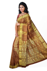 Kora silk saree in coffee brown with  floral motifs in gold