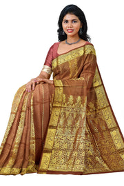 Kora silk saree in coffee brown with  floral motifs in gold