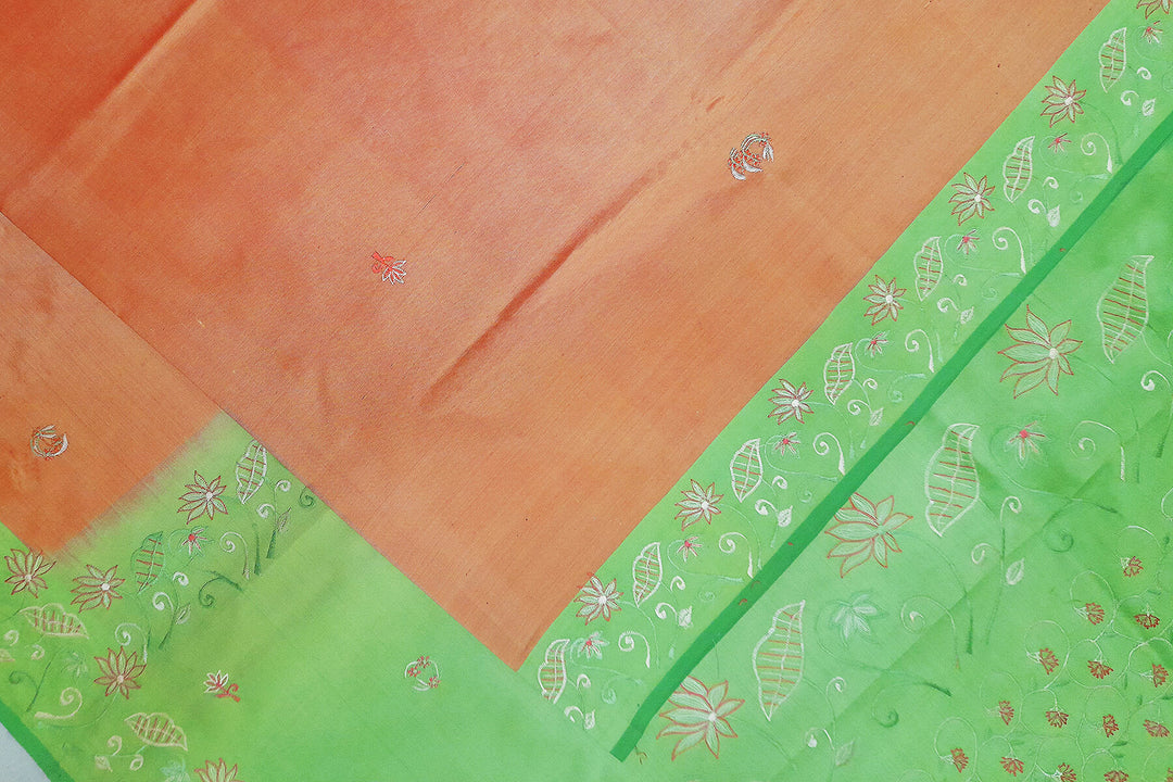 Pure silk saree in peach with embroidery work  all over the body & pallu