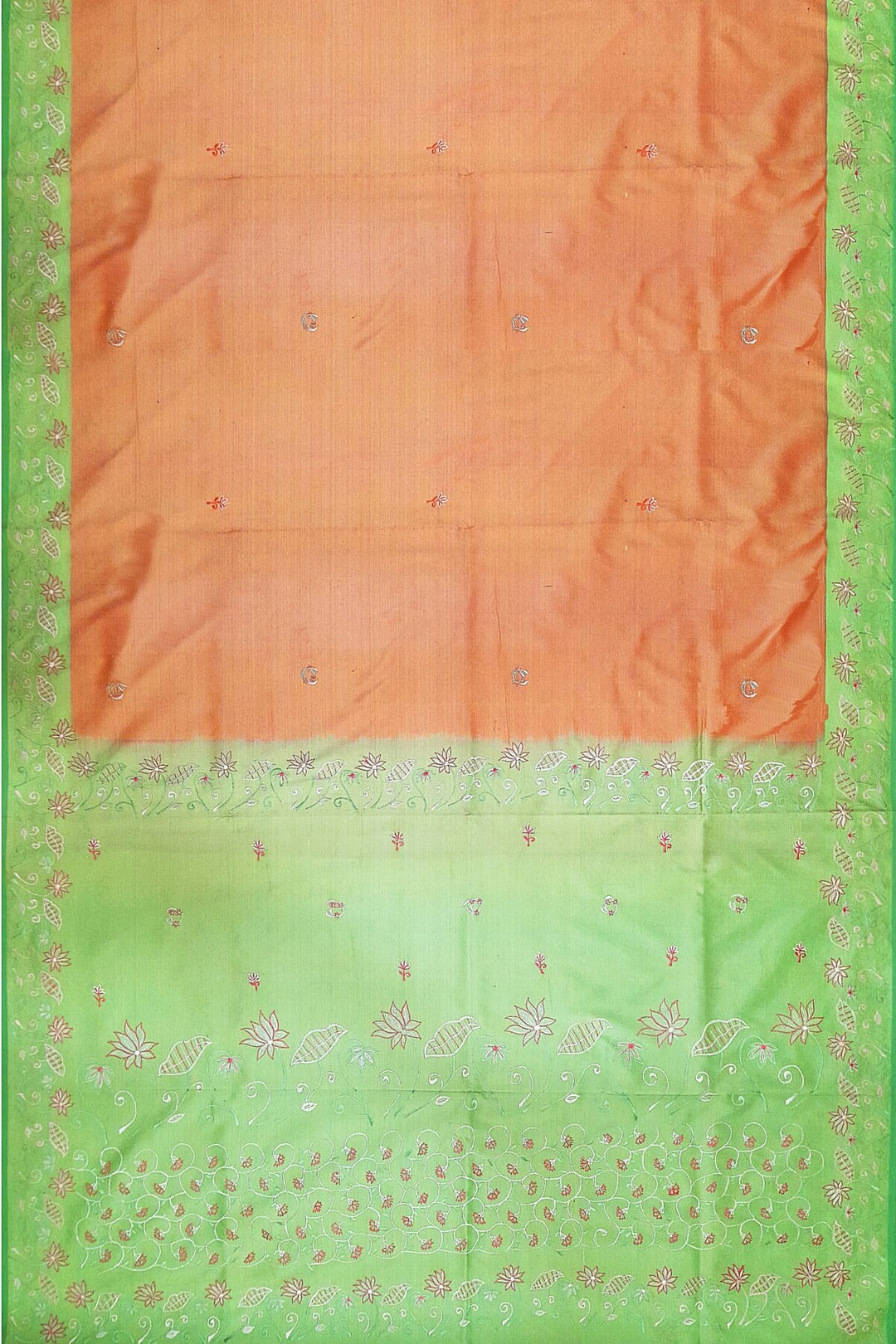 Pure silk saree in peach with embroidery work  all over the body & pallu