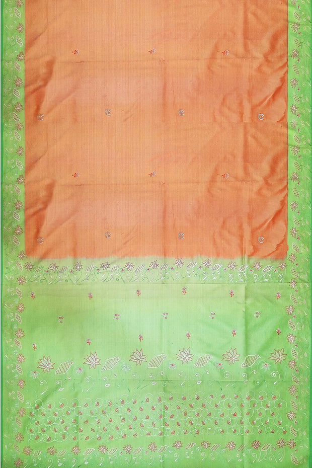Pure silk saree in peach with embroidery work  all over the body & pallu