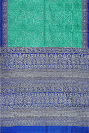 Printed pure silk saree in teal blue
