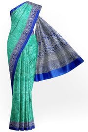 Printed pure silk saree in teal blue