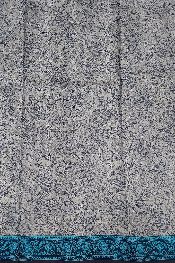 Printed pure silk saree in bluish grey in floral pattern