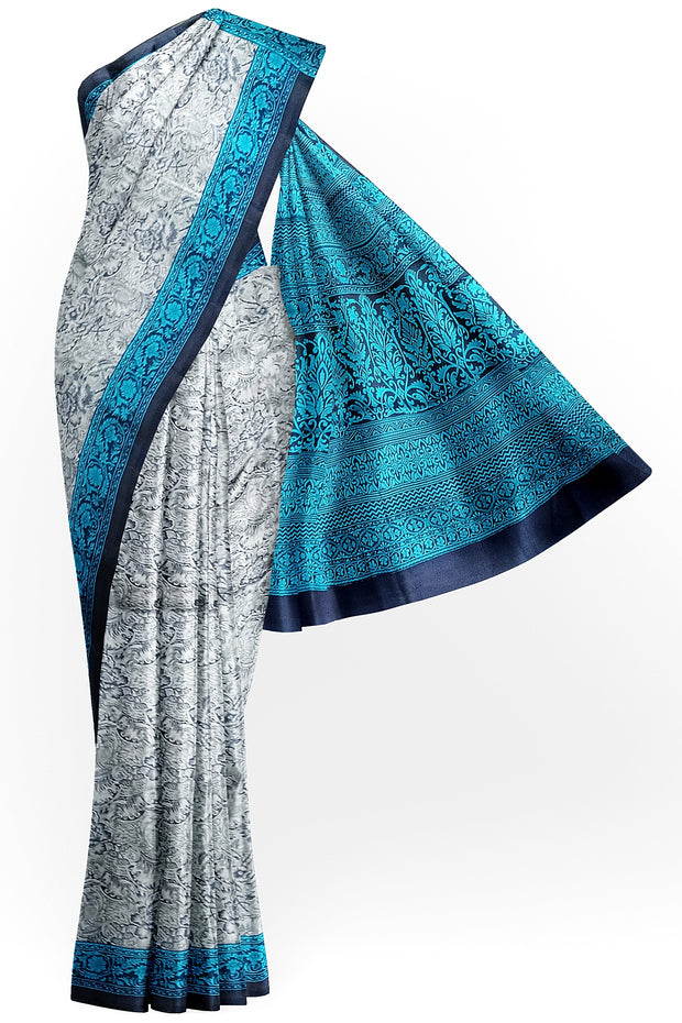 Printed pure silk saree in bluish grey in floral pattern