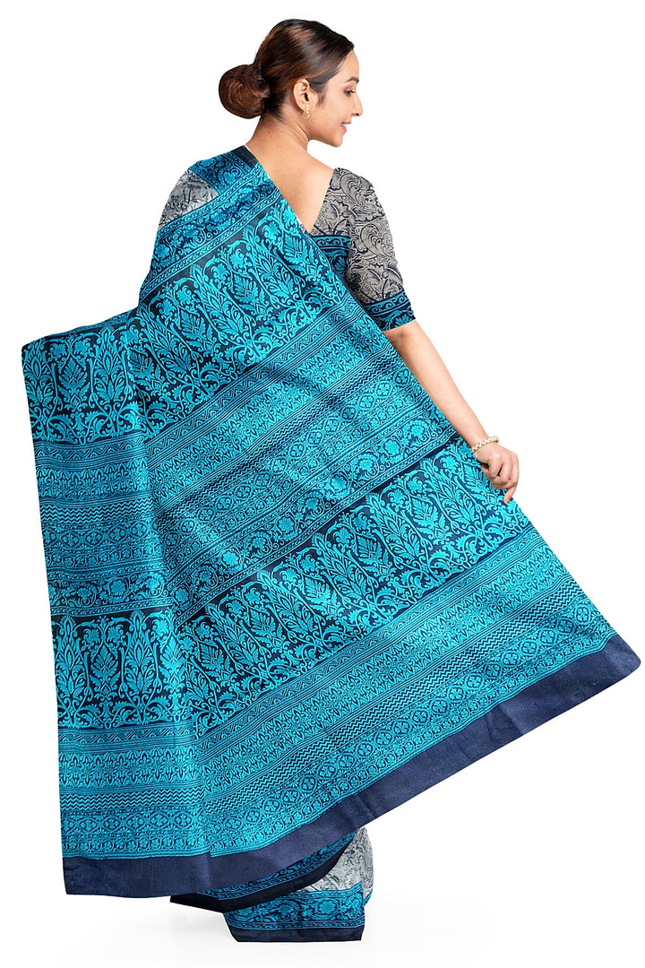 Printed pure silk saree in bluish grey in floral pattern