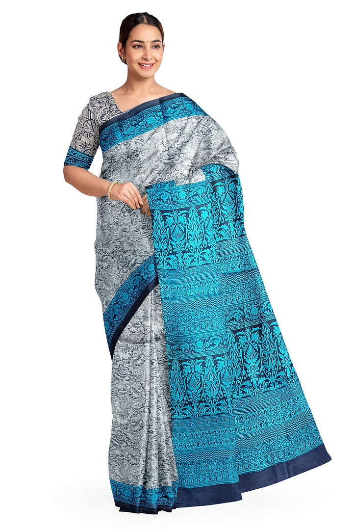Printed pure silk saree in bluish grey in floral pattern