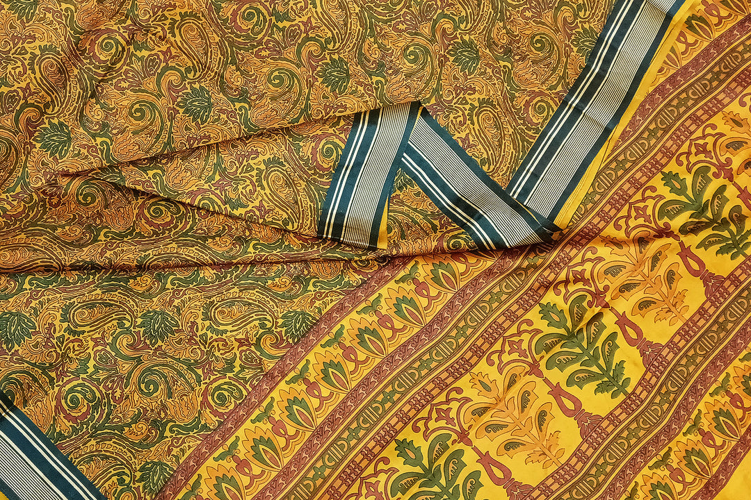 Printed pure silk saree in mustard