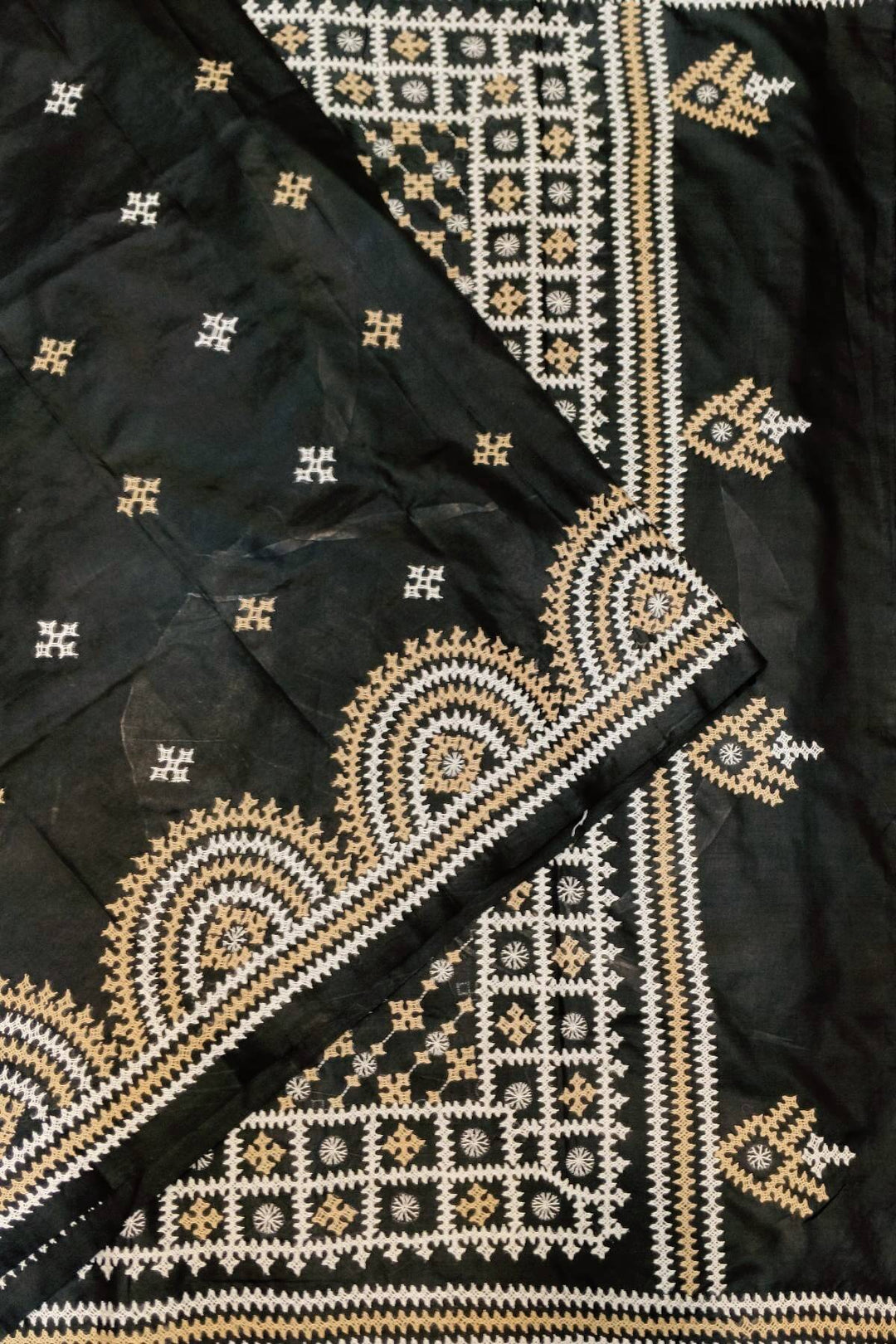 Hand embroidery Kutch work on pure silk saree in black