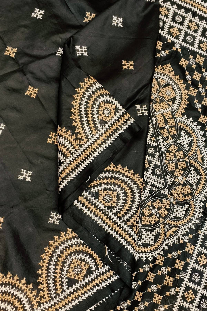 Hand embroidery Kutch work on pure silk saree in black