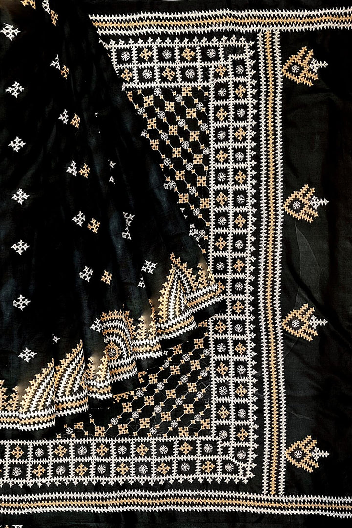 Hand embroidery Kutch work on pure silk saree in black