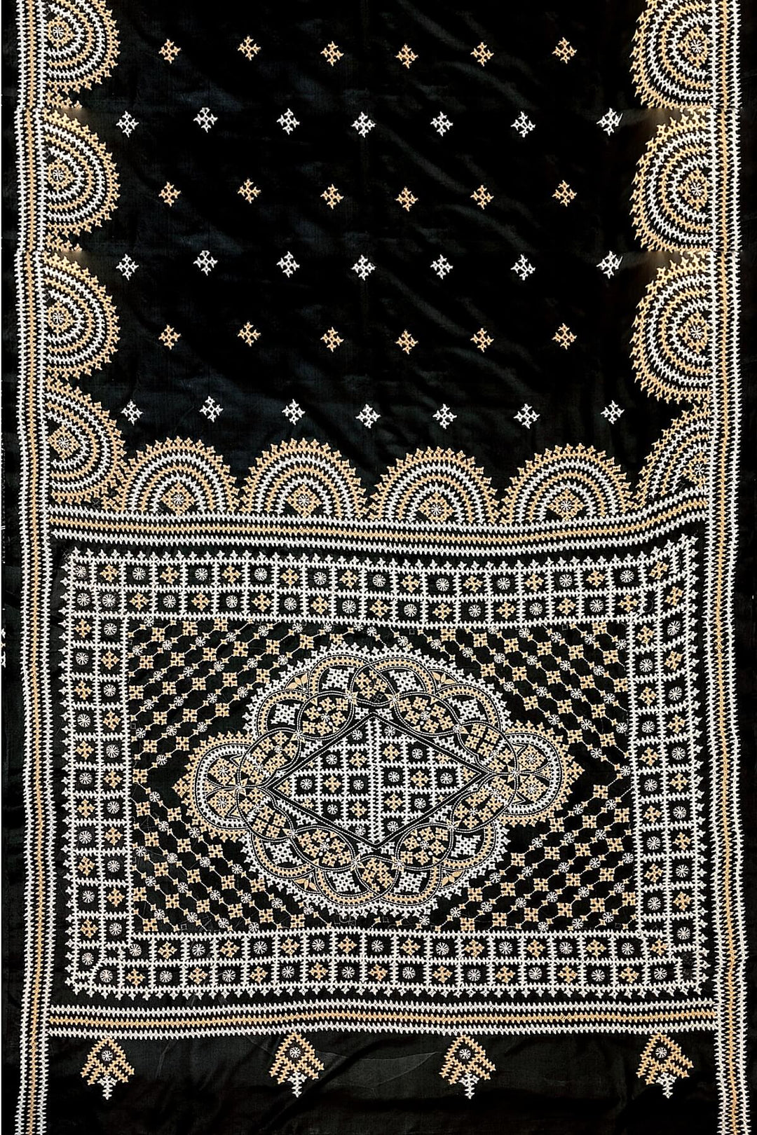 Hand embroidery Kutch work on pure silk saree in black