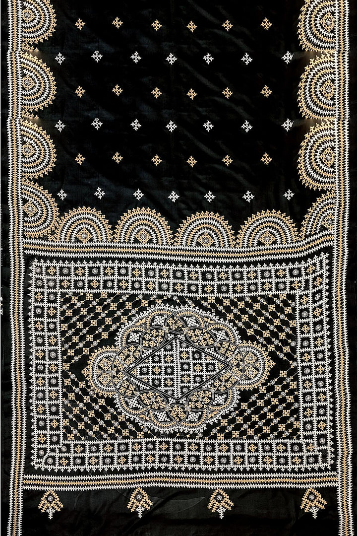 Hand embroidery Kutch work on pure silk saree in black