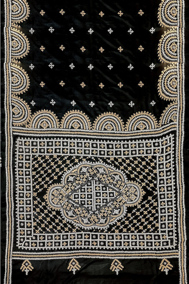 Hand embroidery Kutch work on pure silk saree in black