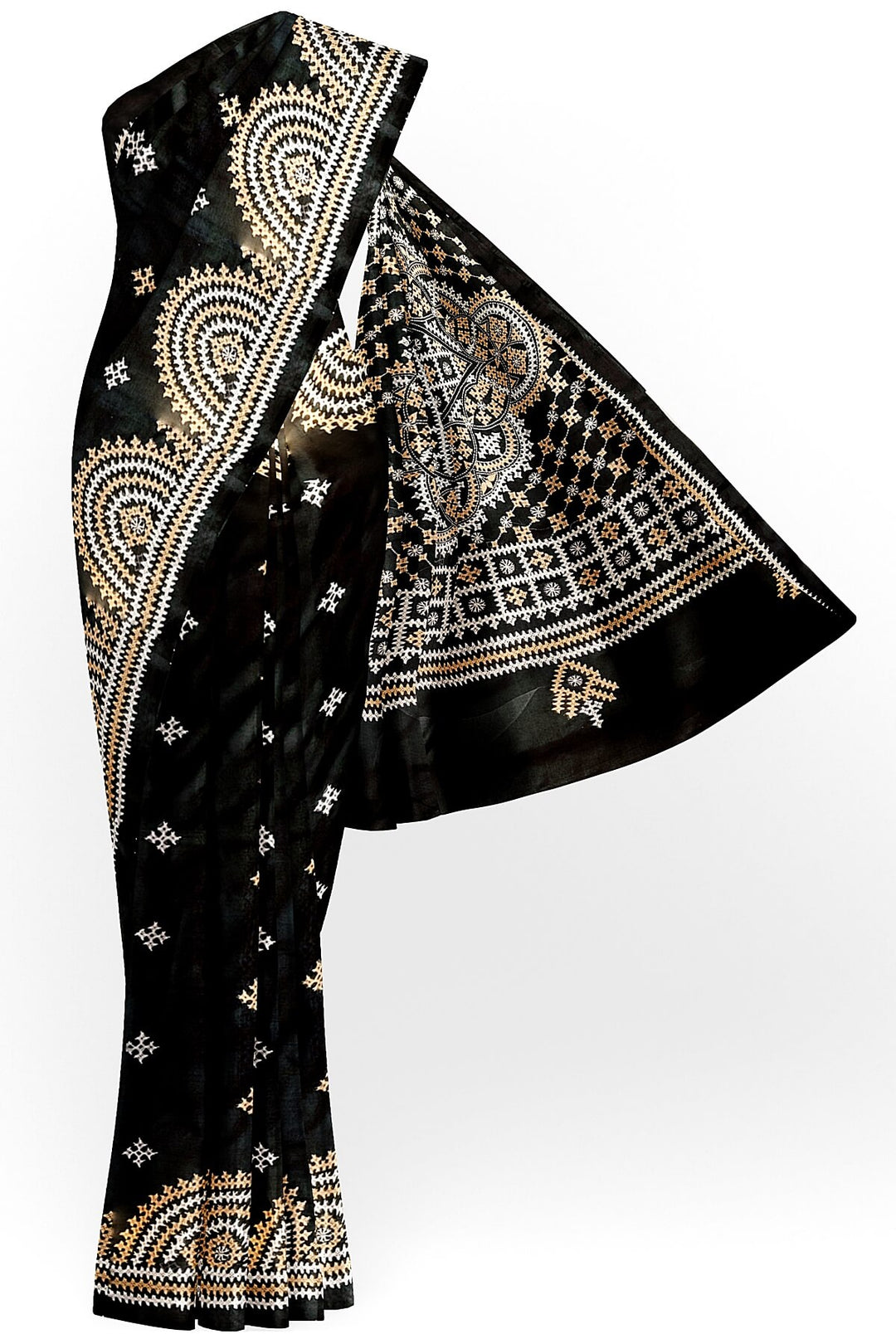 Hand embroidery Kutch work on pure silk saree in black