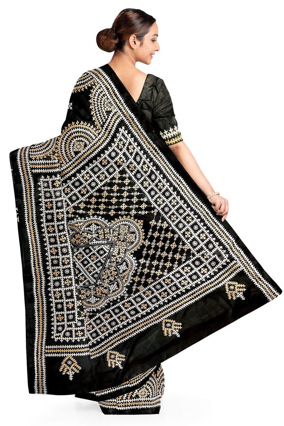 Hand embroidery Kutch work on pure silk saree in black