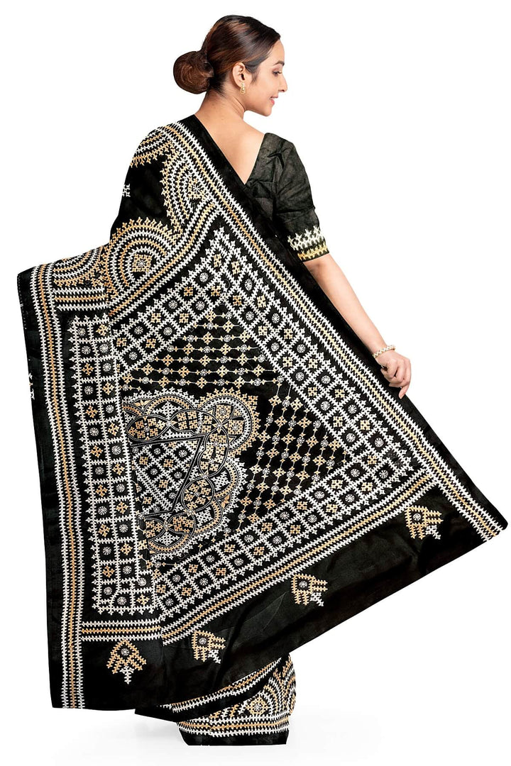 Hand embroidery Kutch work on pure silk saree in black