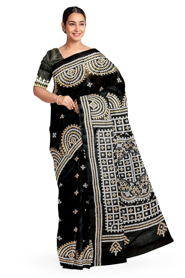 Hand embroidery Kutch work on pure silk saree in black