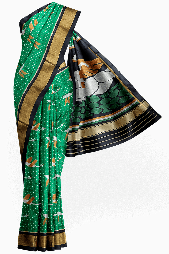 Handwoven Patola pure silk saree in green  with bird motifs