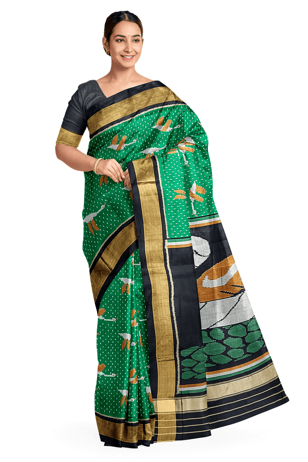 Handwoven Patola pure silk saree in green  with bird motifs