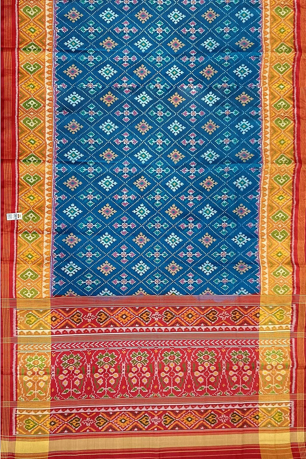 Handwoven Patola pure silk saree in prussian blue in chokta bhat pattern