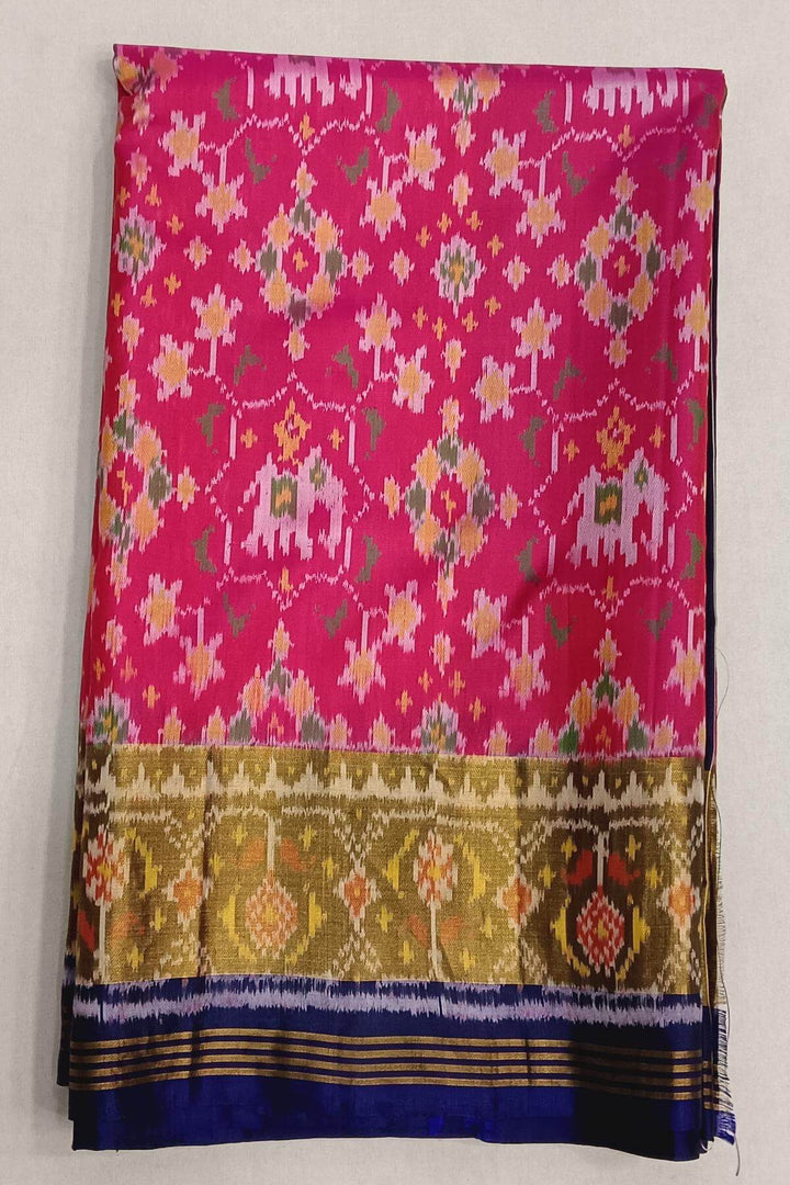 Handwoven Patola pure silk saree in pink  with elephant motifs & navratan pattern