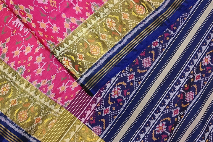 Handwoven Patola pure silk saree in pink  with elephant motifs & navratan pattern