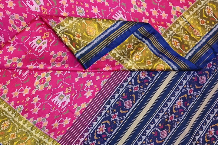Handwoven Patola pure silk saree in pink  with elephant motifs & navratan pattern