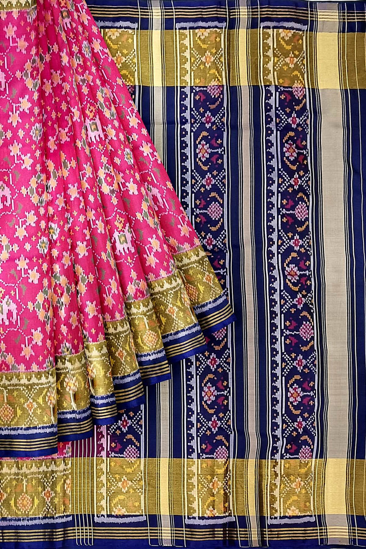 Handwoven Patola pure silk saree in pink  with elephant motifs & navratan pattern