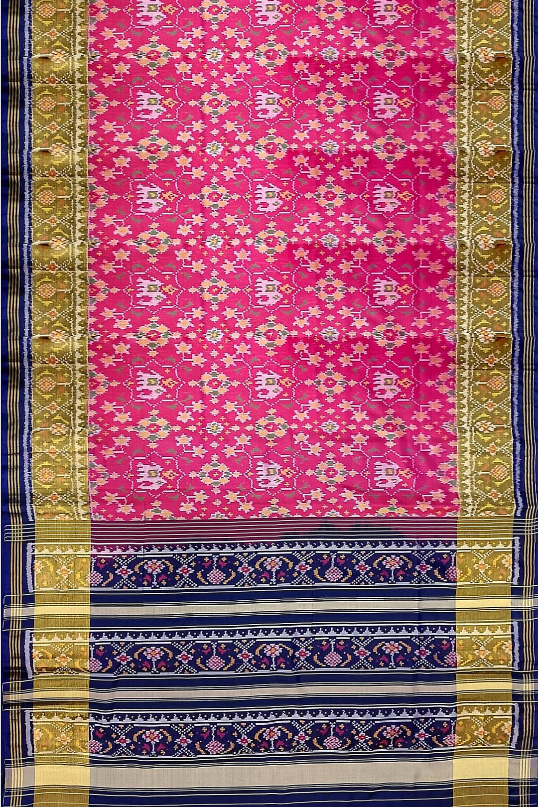 Handwoven Patola pure silk saree in pink  with elephant motifs & navratan pattern