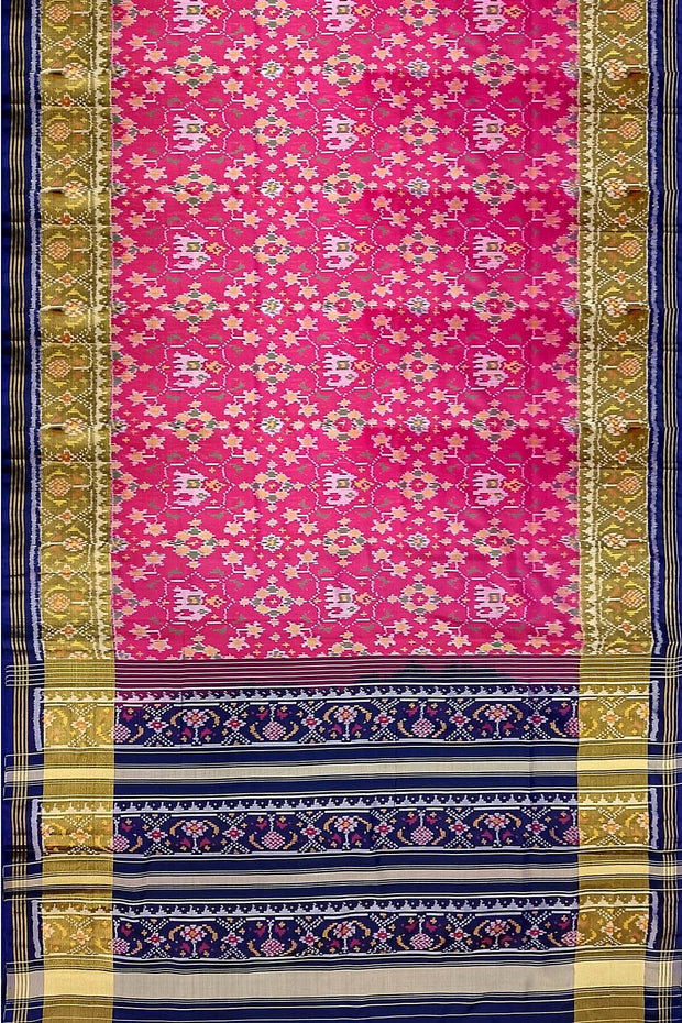 Handwoven Patola pure silk saree in pink  with elephant motifs & navratan pattern on the body