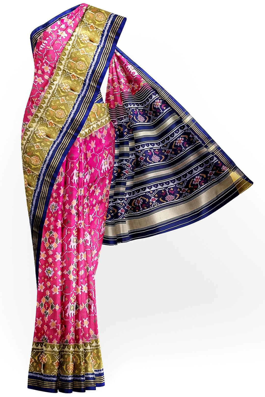 Handwoven Patola pure silk saree in pink  with elephant motifs & navratan pattern