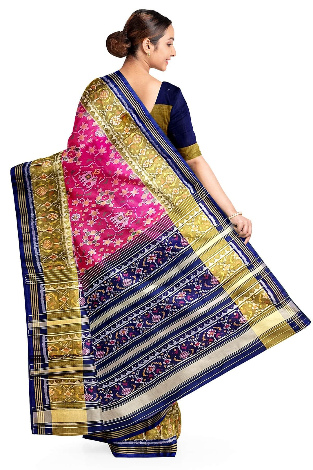 Handwoven Patola pure silk saree in pink  with elephant motifs & navratan pattern