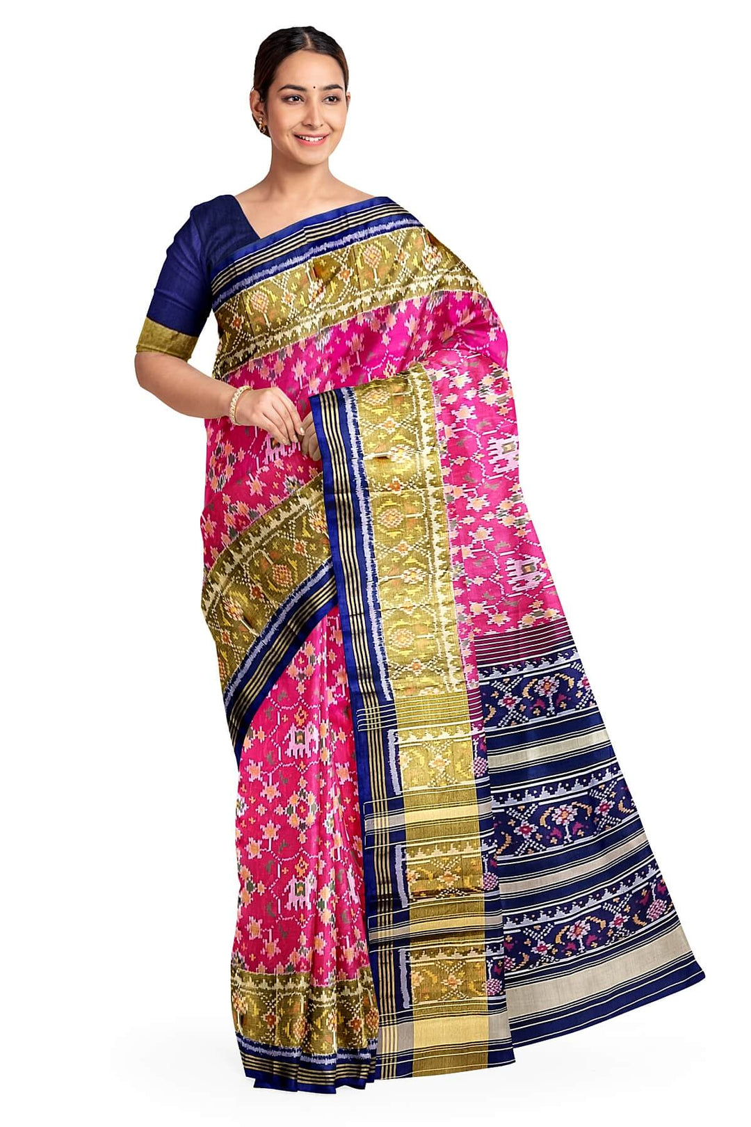 Handwoven Patola pure silk saree in pink  with elephant motifs & navratan pattern