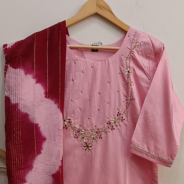 Muslin 3 piece kurta set ( top, dupatta  & bottom) in baby pink