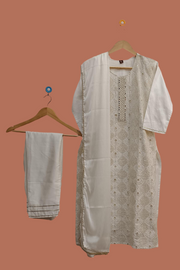 Muslin  3piece set ( top, dupatta & bottom) in white