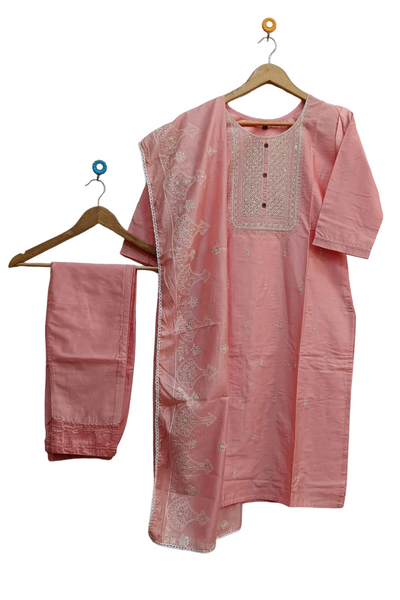 Muslin 3 piece kurta set (top ,  bottom & dupatta ) in peach