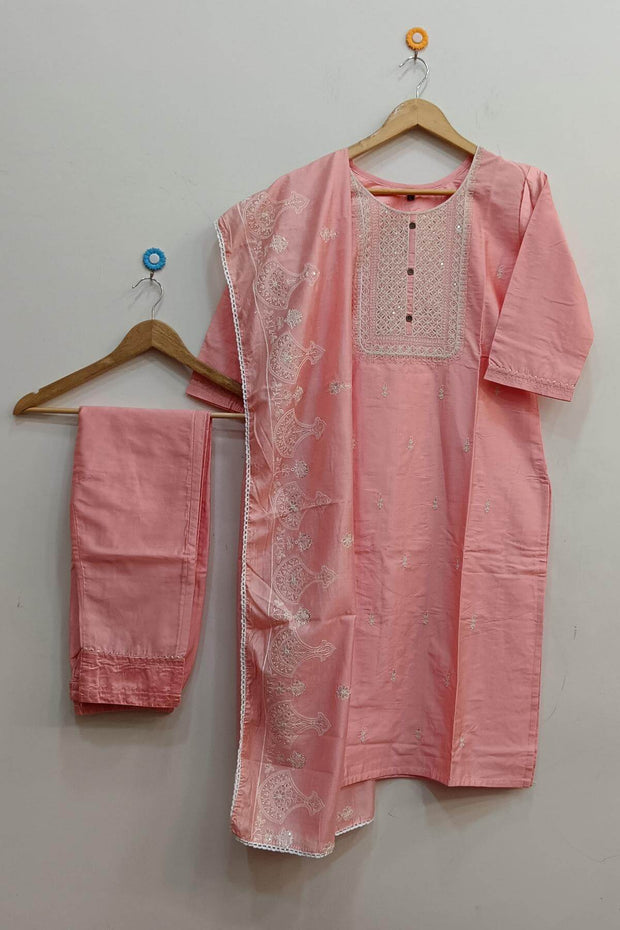 Muslin 3 piece kurta set (top ,  bottom & dupatta ) in peach