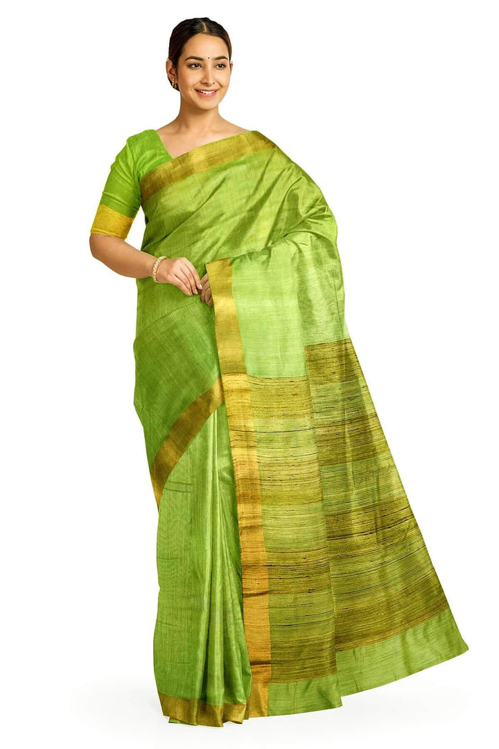 Handwoven desi tussar pure silk saree in green